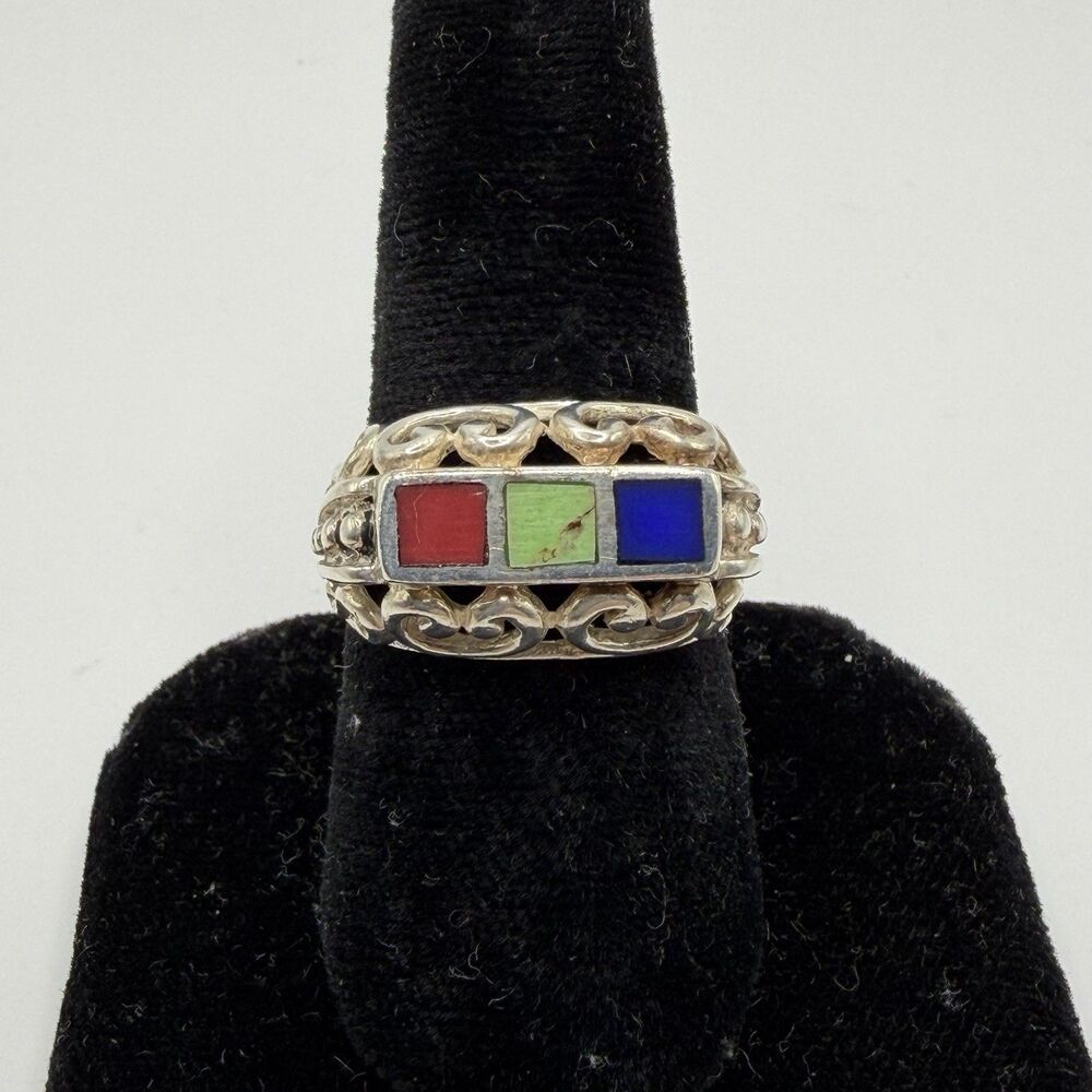 925 Sterling Silver Multicolor Gemstone Inlay Scroll Ring Size 7.75 6.7g